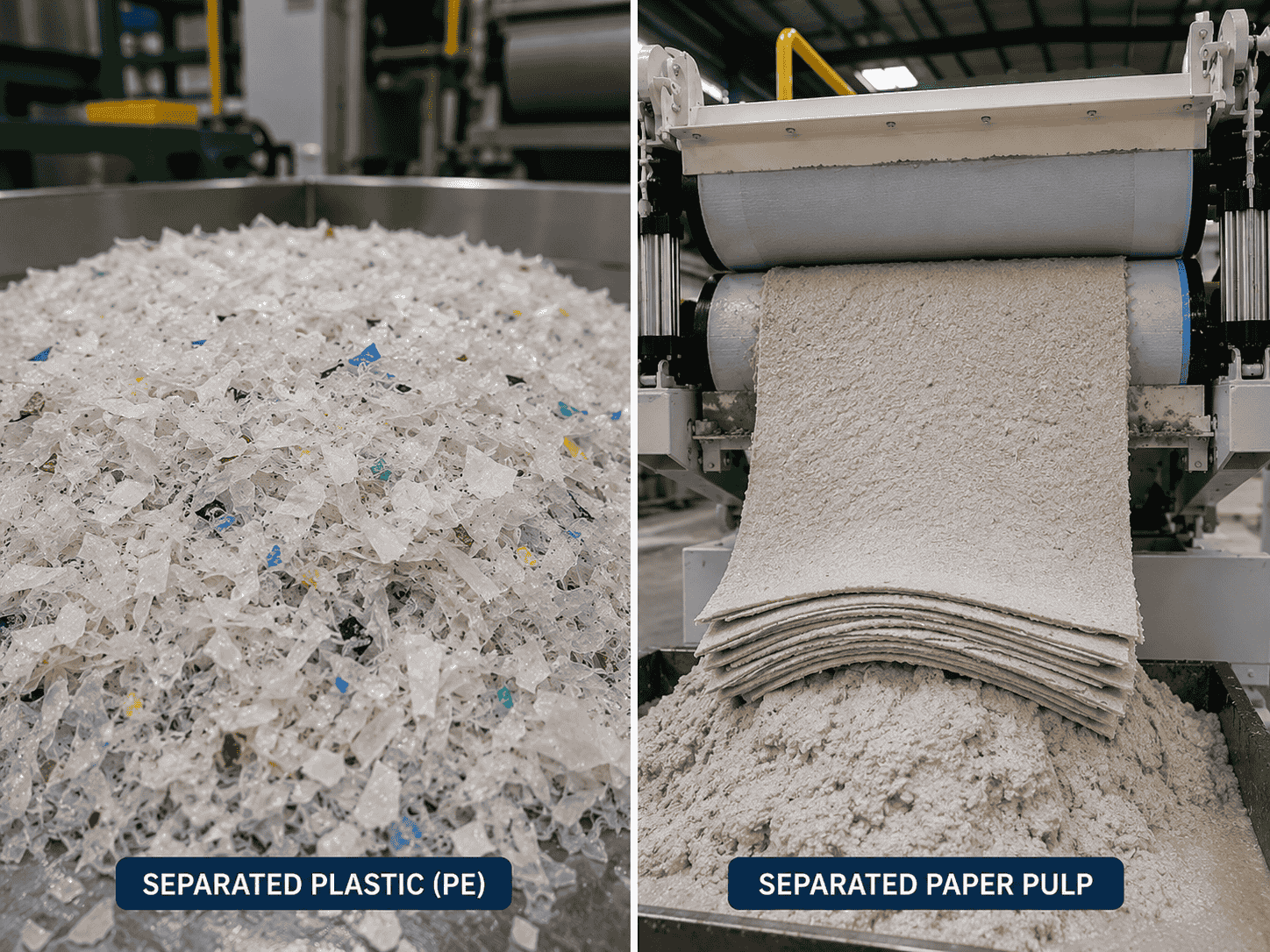 Separated paper pulp and plastic output