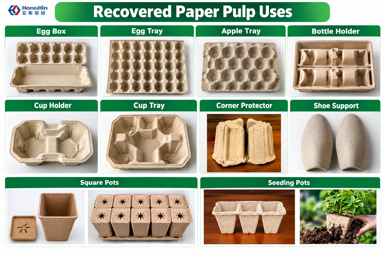Examples of moulded-fibre products that can be made from suitable recovered paper pulp