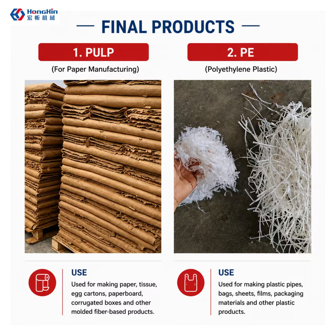 Hongxin paper cup recycling final products: paper pulp and separated PE